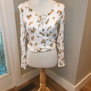 Hollister White floral wrap top with tie